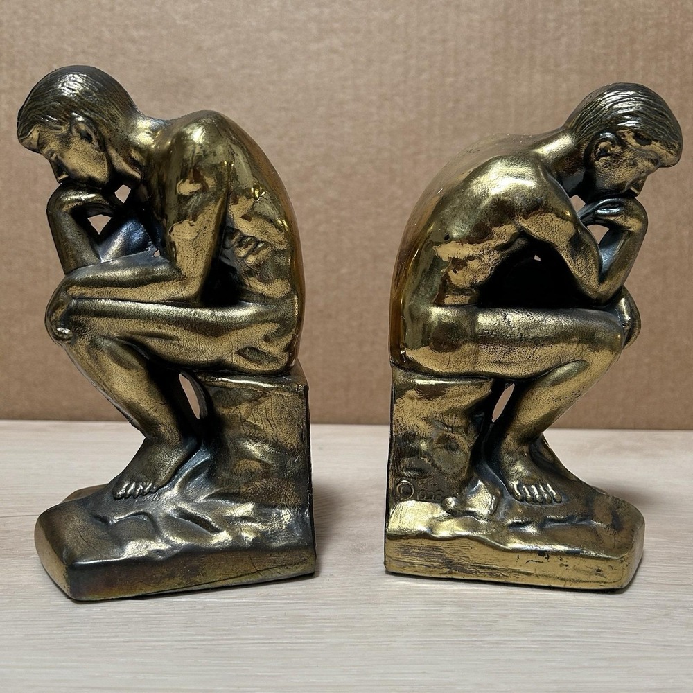 VTG 1928  The Thinker Pair Sculpture cast Brass Bookends Library Decor  Statues